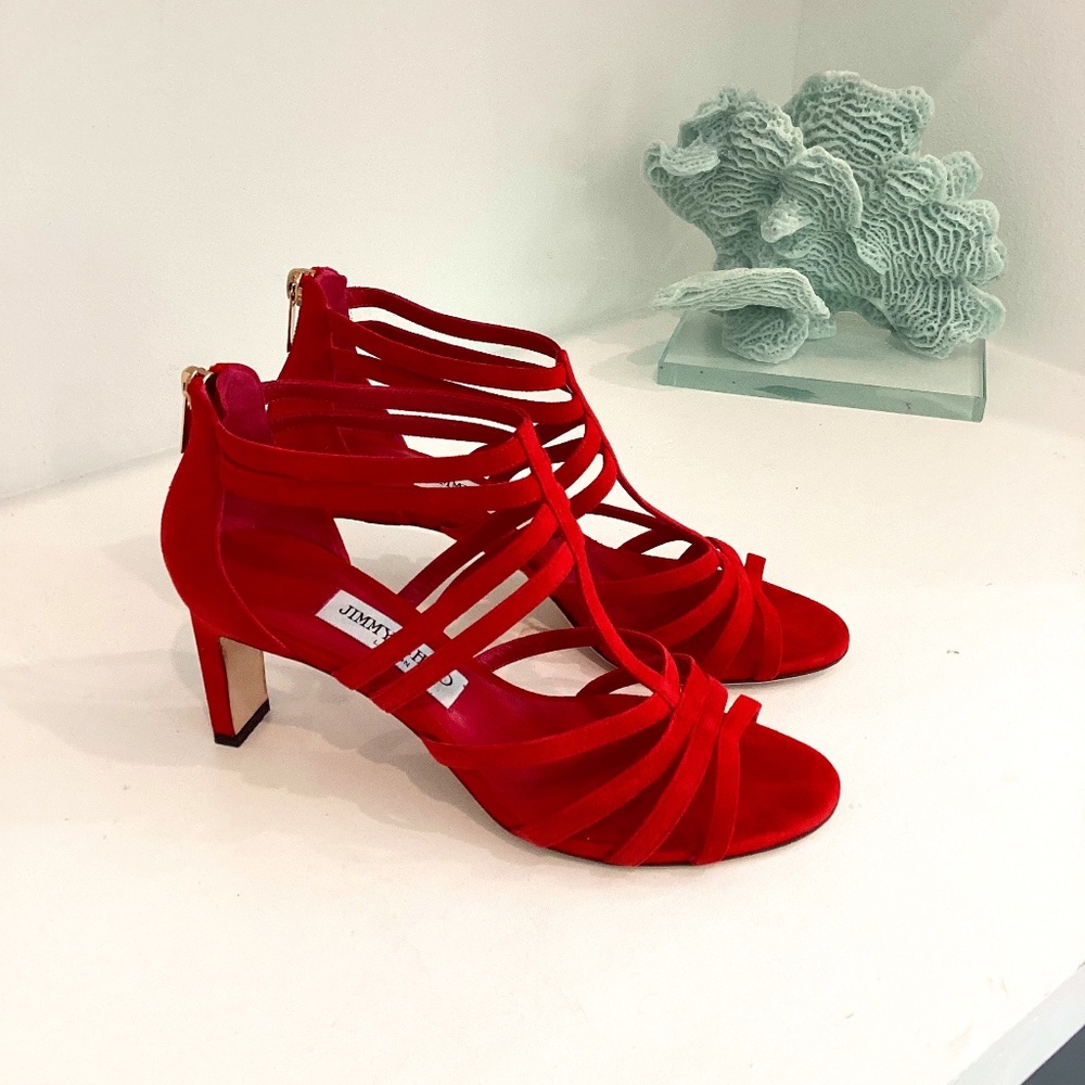 Jimmy Choo Suede Red Cage Sandals Heels Shoes EUR 38 US 7.5